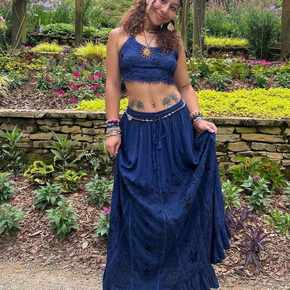 Vintage Vibe Blue Embroidered Skirt and Top Set